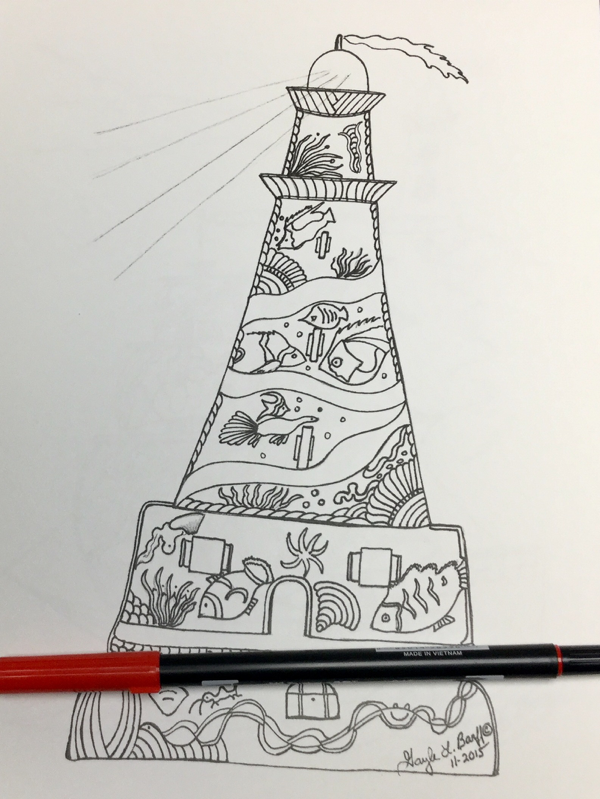 close up of a lighthouse in Scenic Lighthouses coloring book