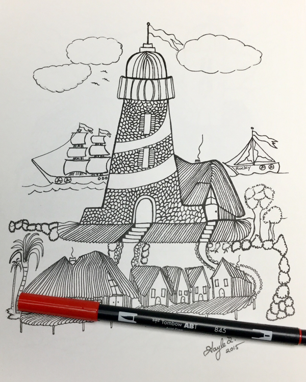 Scenic Lighthouses coloring book with ship in the background