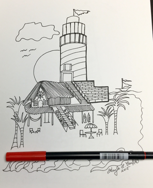 Scenic Lighthouses Coloring Book, lighthouse overlooking houses